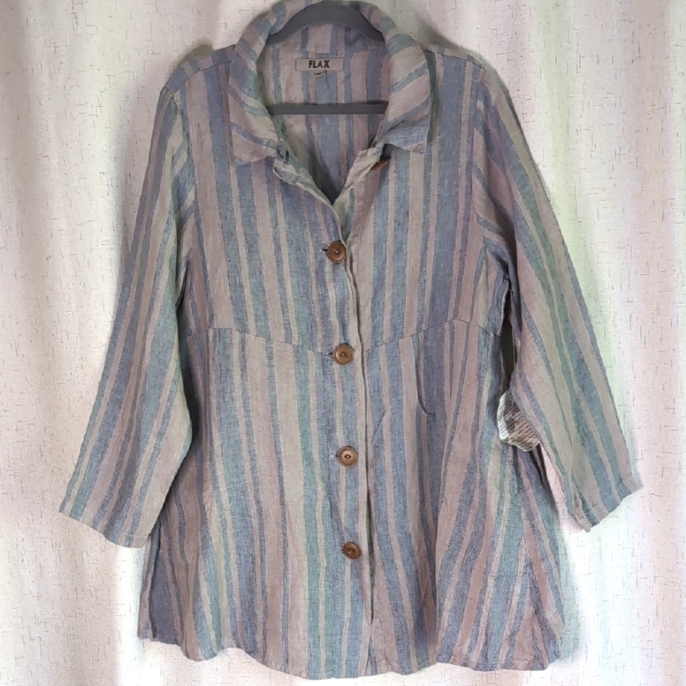 Flax Women's Striped Button-Up Long Sleeves Linen Dress NWT Size Medium